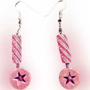 😊 5 FOR 15 😊 Y2K Unique Handmade Pink Granite and Glass Bead Star Earrings